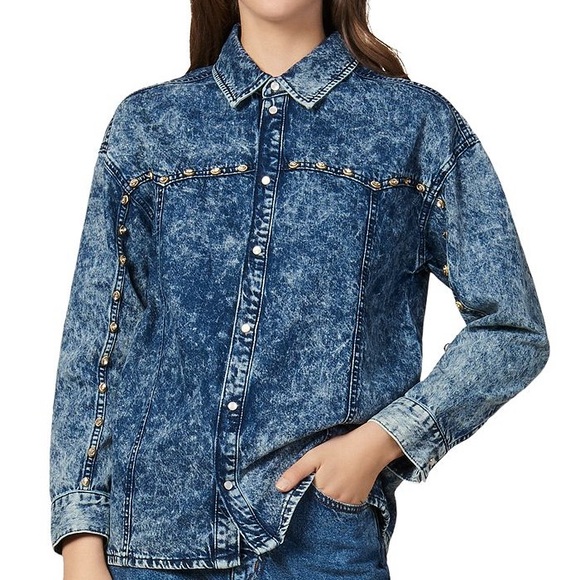 NWT Sandro Stane Denim Rhinestone Pearl Shirt Midnight Blue Western Jacket US 8 - Picture 5 of 16